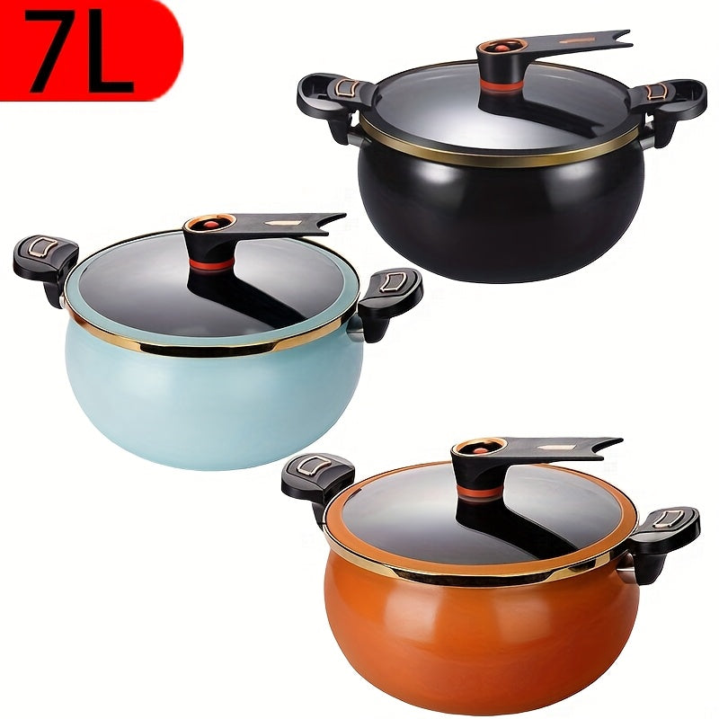 7L Large Heavy-Duty Iron Stock Pot & Dutch - 26cm/10" Multi-Functional Cooker with Lid, Sturdy Black/White/Golden/Brown/Teal/Gray/Green Exteriors, Compatible with / Stoves for Boiling, Simmering, Steaming, Frying