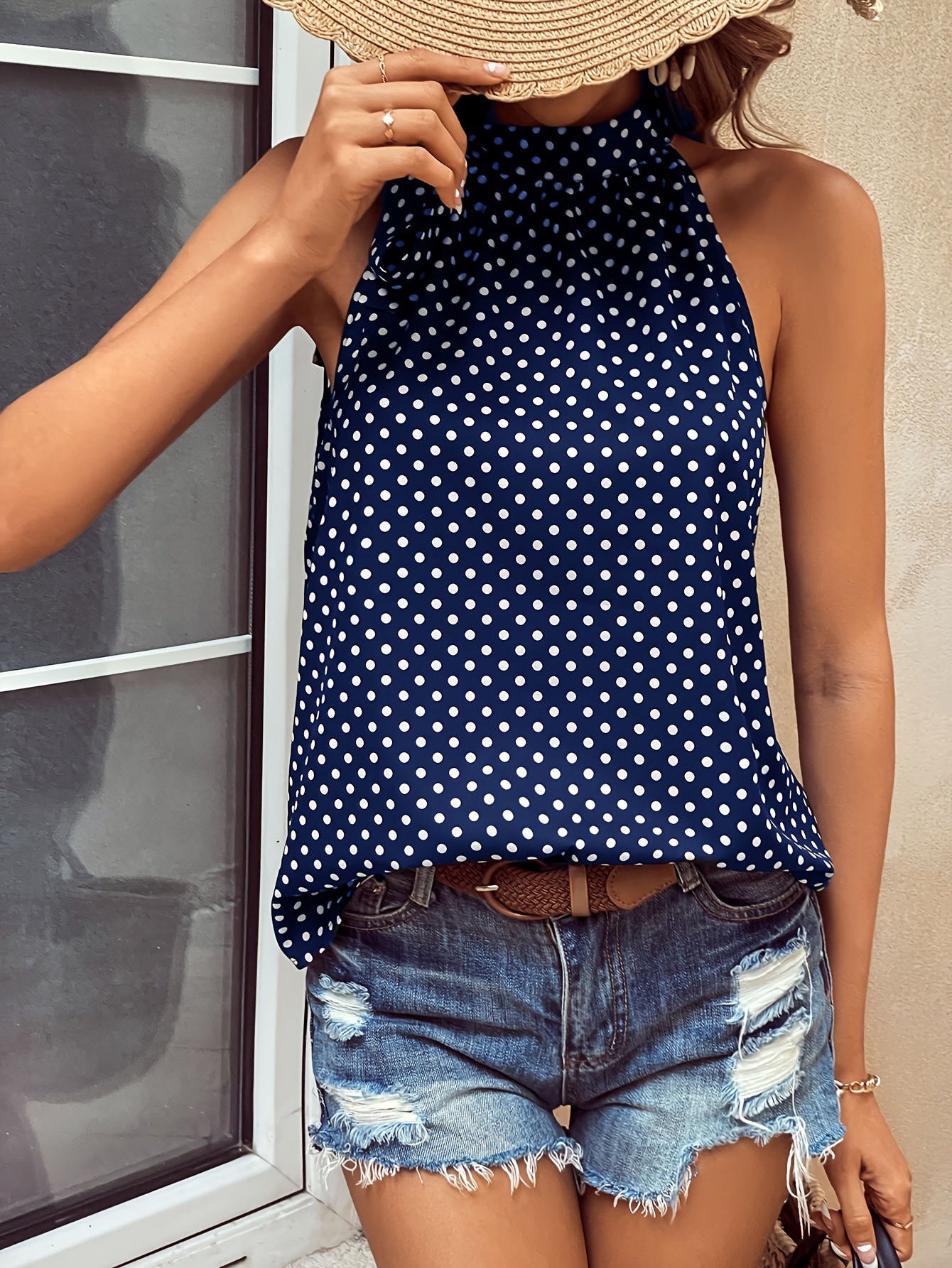 Women's Navy Blue & White Polka Dot Bow Tie Blouse - Lightweight Sleeveless Summer Top, Machine Washable, Versatile Casual to Dressy Shirt for All-Season Wear