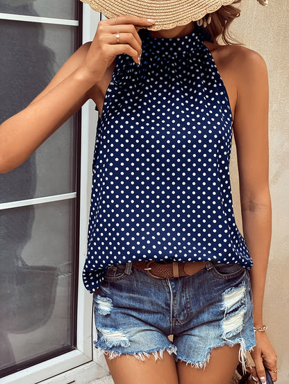 Women's Navy Blue & White Polka Dot Bow Tie Blouse - Lightweight Sleeveless Summer Top, Machine Washable, Versatile Casual to Dressy Shirt for All-Season Wear