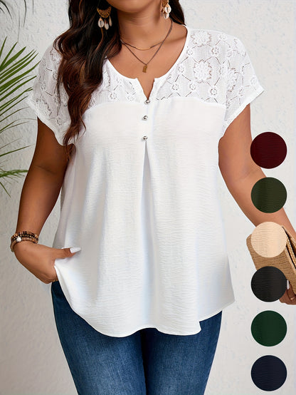 Women'S Plus Size Casual Top - Elegant Maroon Blouse with Contrast Lace Detail, Non-Stretch Fabric, Perfect for Spring/Summer/Fall, Plus Size Blouses