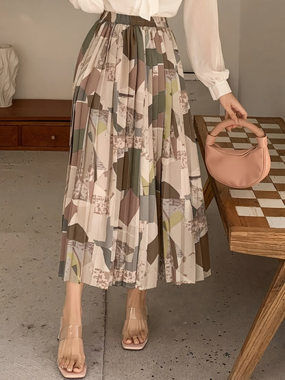 Saia midi plissada com estampado geométrico elegante para mulher - Versátil, moderna, em tecido de poliéster sem elasticidade, lavável à máquina - Perfeita para todas as estações | Barra assimétrica | Caimento confortável