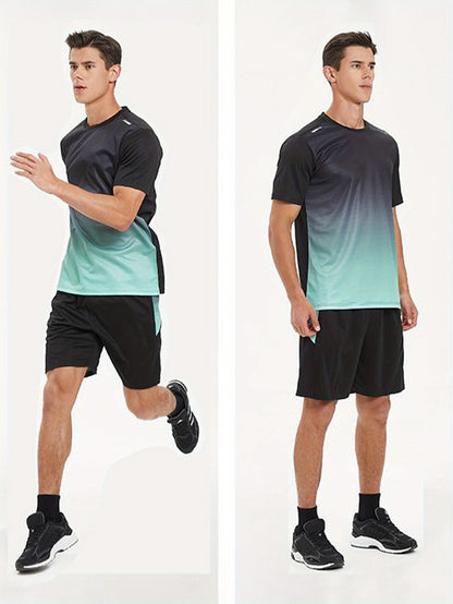 2-piece Men's Summer Basketball Training Running Outfit Set, Gradient Short Sleeve T-shirt & Quick-drying Shorts Set
