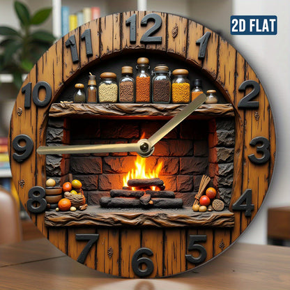1 round acrylic wall clock - silent and tick-free, featuring a rustic fireplace design with a spice rack and flame effect, battery operated (excluding AA batteries) - home decoration, perfect for Christmas and Easter gifts, 2