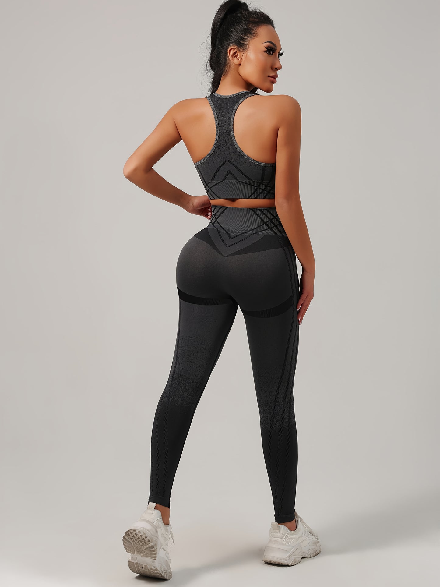 Yoga Sports Long Pants and Vest Set, Solid Color, Rib, High Stretch, Skinny Fit, Long Length, All-Season, for Adult, Sports Occasion, Ribbed Details, Ribbed Fabric