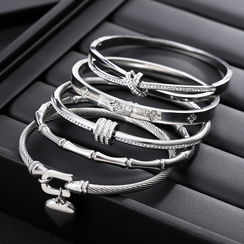 5pcs Classic Stainless Steel Cuff Bracelets, Waterproof and Rust-Resistant Silvery Women'S Light Luxury Rhinestone Bracelets, Suitable for Layering and Combination Matching, Unique Jewelry Accessories Gift