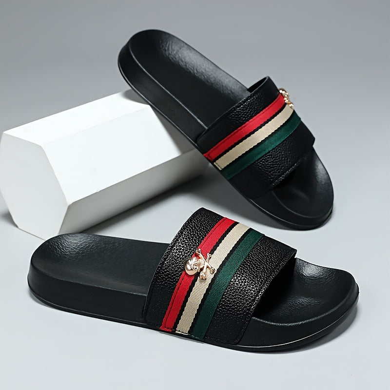 EKBN Men's Slip-Resistant Arch Support Mules - All-Season EVA Slip-On Slippers with Golden Buckle Strap & Black/Red/Green Striped Design, Cushioned Insole for Indoor/Outdoor House Shoes, Casual & Formal Wear - Comfortable & D