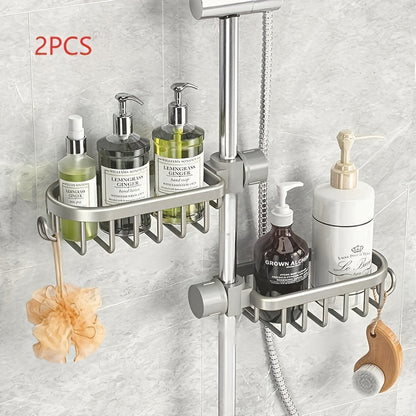 2pcs Aluminum Shower Caddy - Sturdy & Easy to Install with Hooks, Suitable for Shampoo, Body Wash, Sponge Brush - Modern Style, Rust-Resistant Material, Bathroom Accessory
