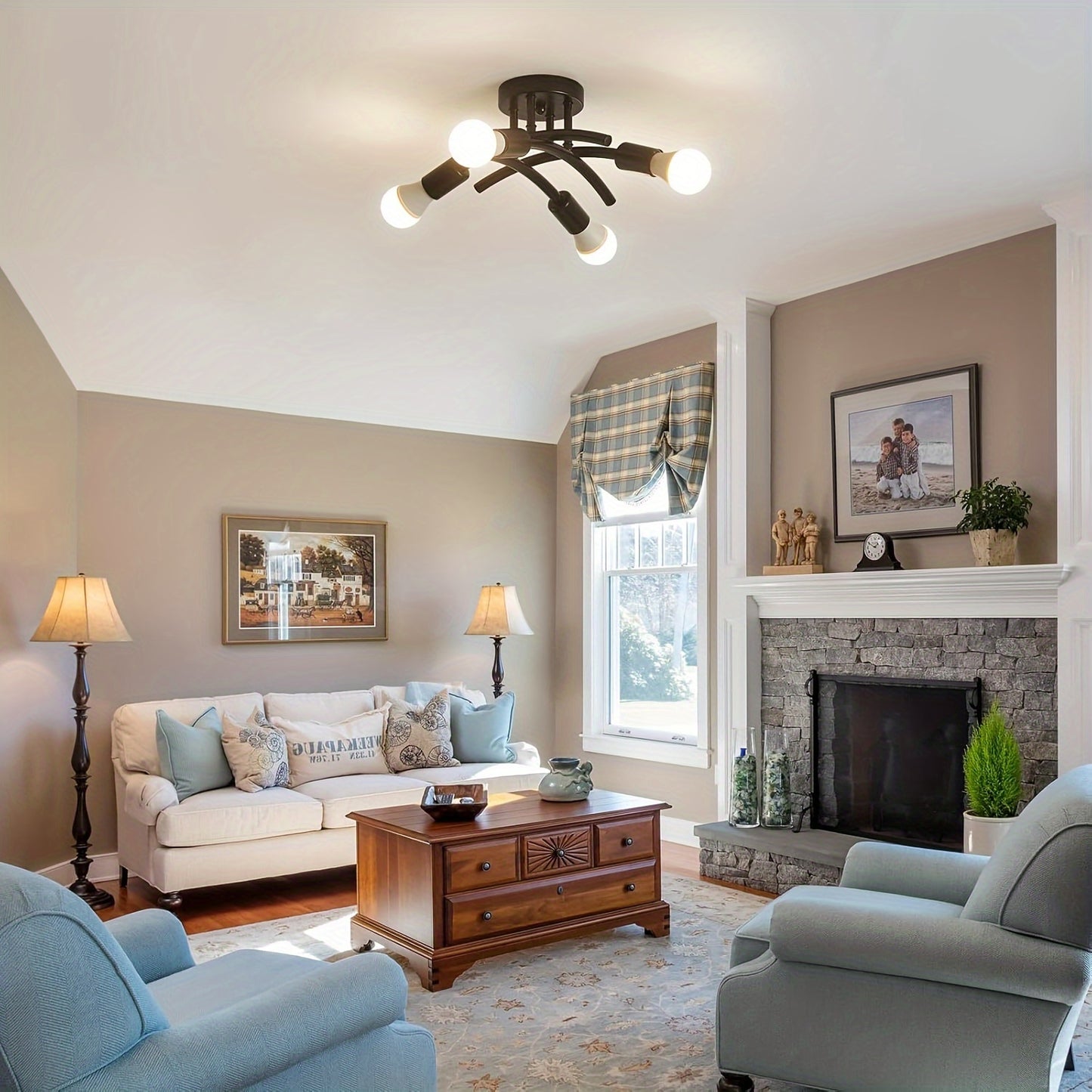 4-Light Industrial Semi Flush Mount Ceiling Light Fixture, Modern Sputnik Chandelier Light Fixtures, Industrial Kitchen Light Fixtures Ceiling Mount, Dining Room Light Fixture for Bedroom Hallway, E26 E27 Base(Bulbs Not Inclu