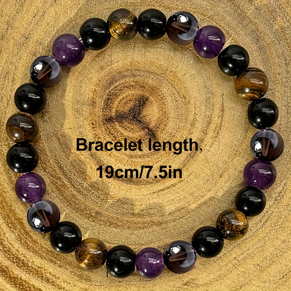 4pcs FUTTMI Natural Stone Elastic Bracelets for Women - Bohemian Style, Protection & Luck Charms, Handmade Stretch Beaded Jewelry with Tiger Eye, Obsidian, Amethyst & Smoked Quartz for Daily Wear & Gifts, Charm Beads for Brac