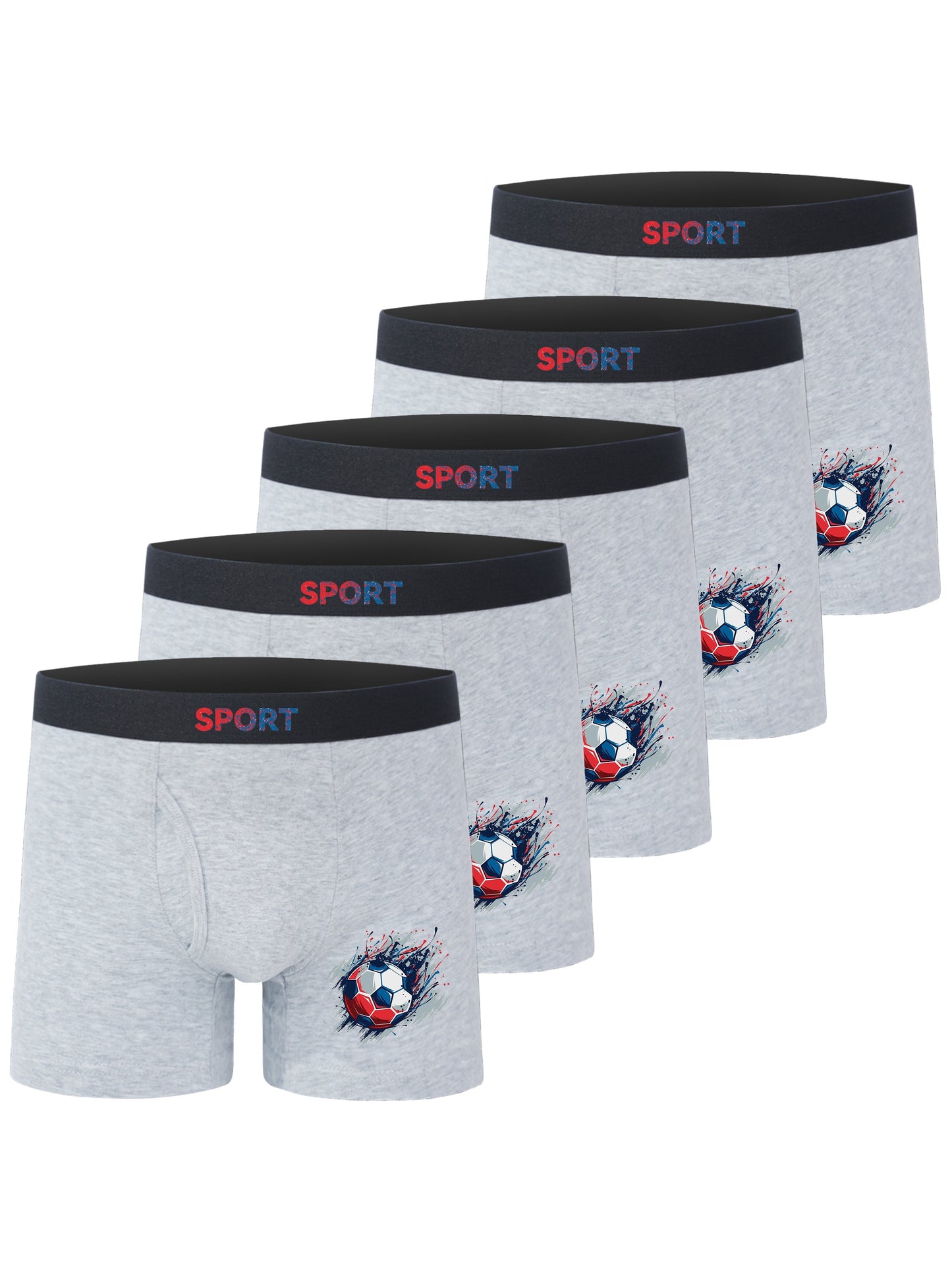 5pcs Football Print Boxer Briefs for Teen Boys - Breathable, Stretchy, Comfort Fit with Elastic Waistband & Half-Button Closure, Black with White & Red Soccer Design, Sports Underwear, Youth Athletic Wear, Sporty Boxers, Brea