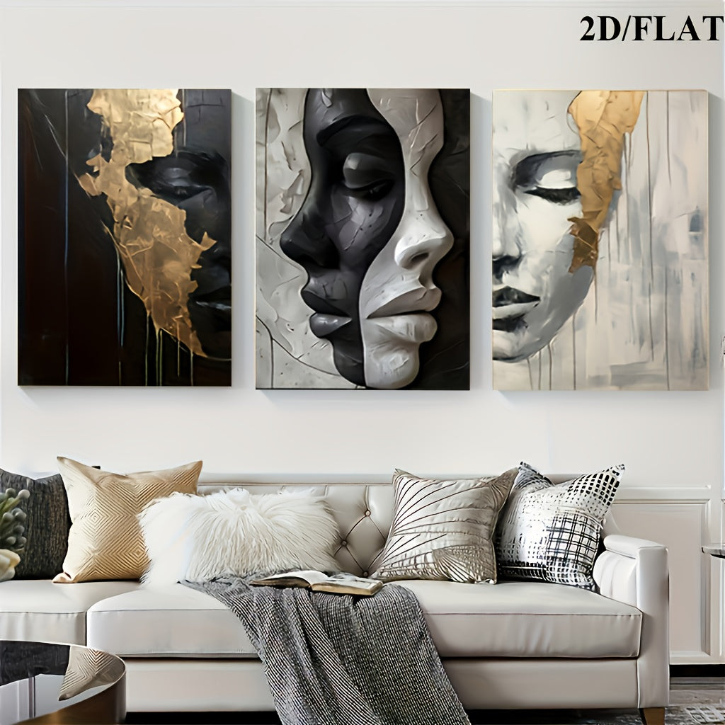 2D/Flat 3pcs Abstract Black and White Elegant Canvas Art with Wooden Frame, Large Wall Decor – Perfect for Living Room, Bedroom, Dining Room, Office – Ideal Halloween & Easter Gift, Flat 2D Design