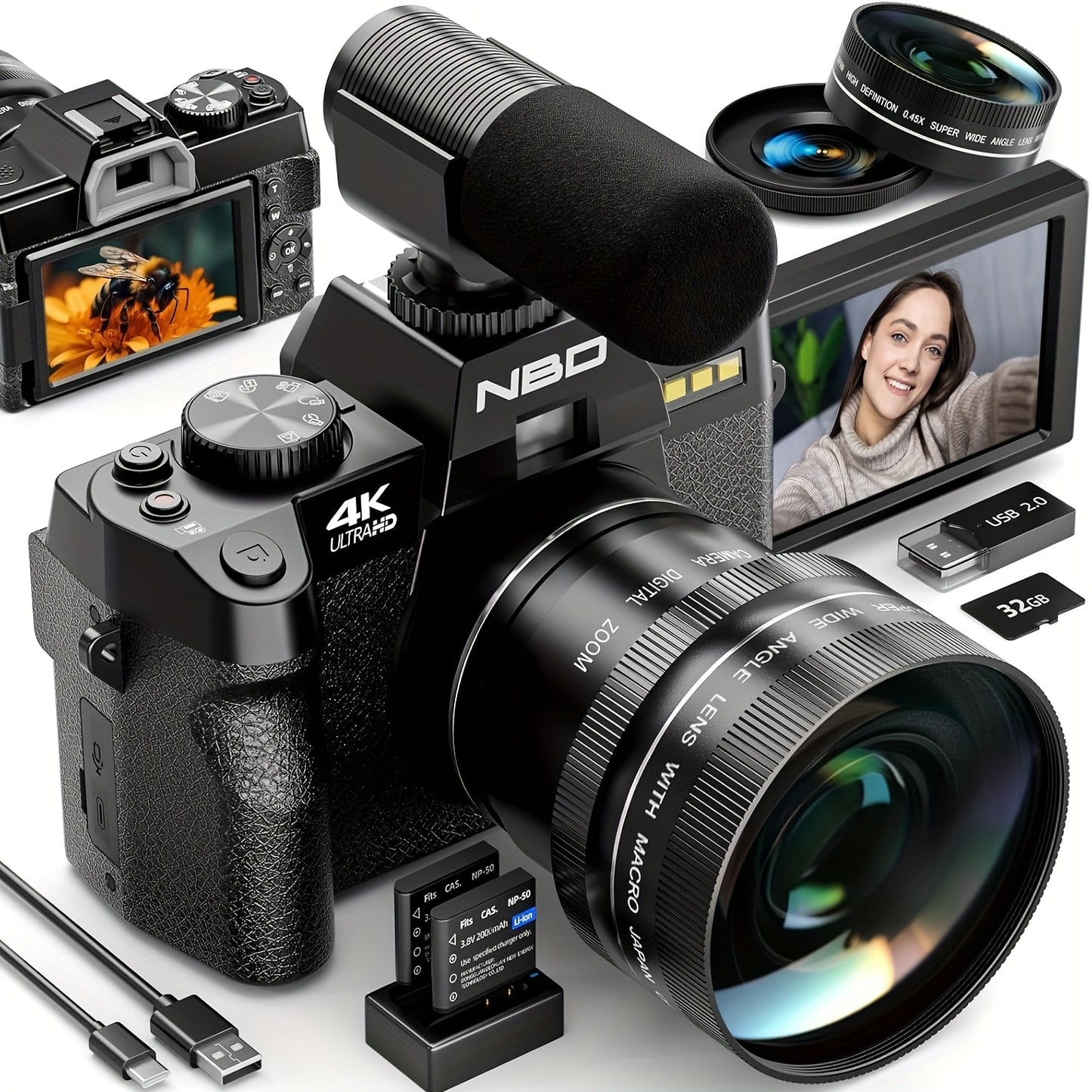 NBD 48MP Digital Cameras for Photography with WiFi & App Control, 4K Autofocus Vlogging Camera for YouTube with 16X Zoom, Anti-Shake, 32GB TF Card, Dual Batteries, 52mm Wide Angle & Macro Lens