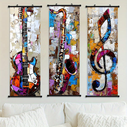- 3pcs Vibrant Music Hanging Scroll Painting Set Showcasing Notes, Guitar and Saxophone Art, Artwork Wall Art Bathroom Bedroom Living Room Wall Decor, Home Decor, Aesthetic Room Decoration