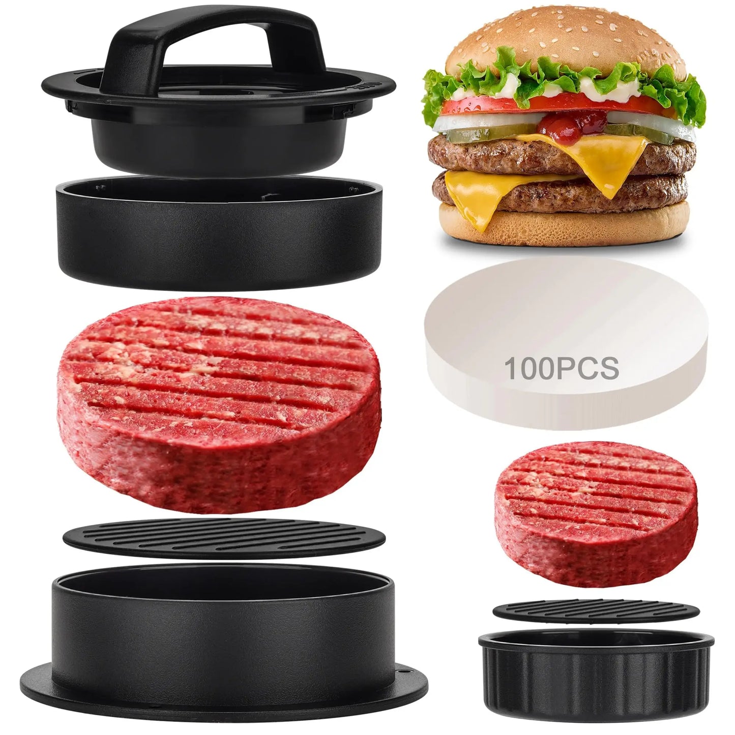 BBQ Grilling Tool 3-in-1 Non-Stick PP Beef Meat Veggie Mold Stuffed Slider Burger Press Hamburger Patty Maker