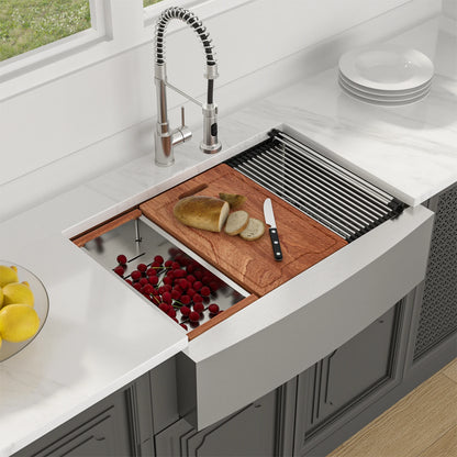 16 Gauge 33-Inch  Brushed Stainless Steel Apron-Front Farmhouse Kitchen Sink with Workstation for Kitchens