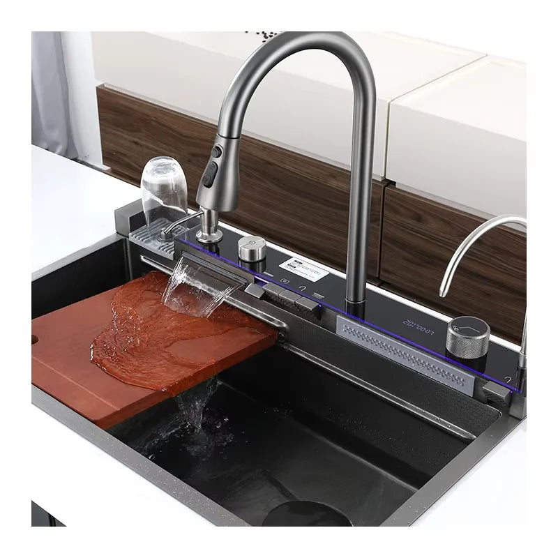Handmade Stainless Steel Single Bowl Waterfall Sink Faucet Nano Surface with Four Holes Multifunctional Square Shape for Kitchen