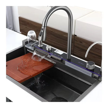 Handmade Stainless Steel Single Bowl Waterfall Sink Faucet Nano Surface with Four Holes Multifunctional Square Shape for Kitchen