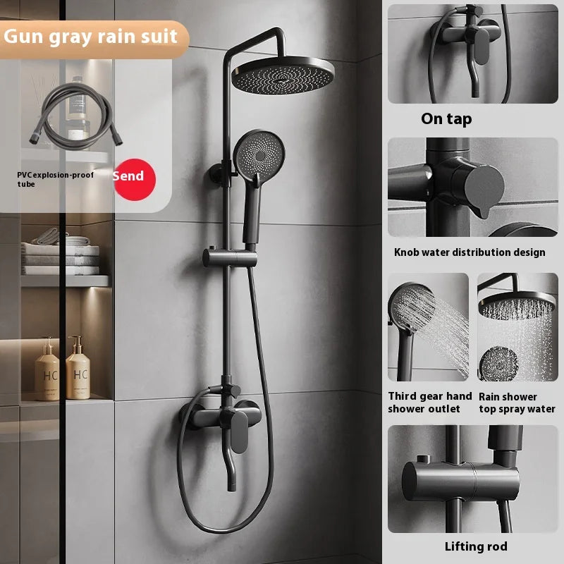 Gun Grey All-Copper Household Bathroom Shower Set Simple Design Ceramic Metered Faucets Chrome Shower Booster