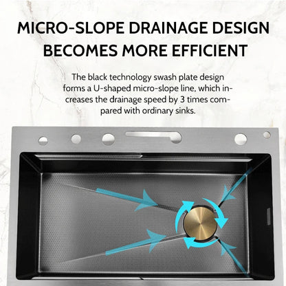 Single Modern Stainless Steel 304 LED Digital Waterfall Kitchen Sink New Design Popular Black Smart Multifunctional Handmade One