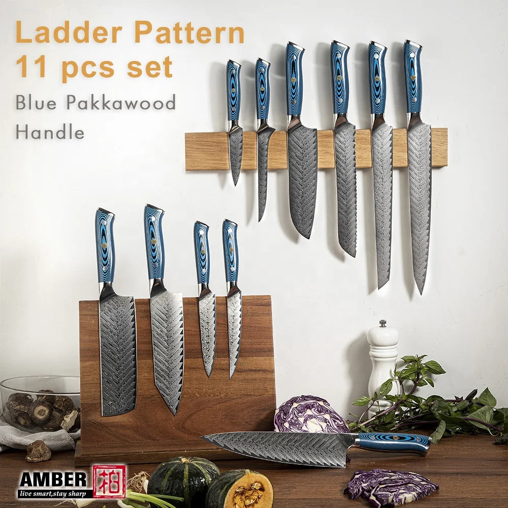 Faca japonesa para filetar peixe, sashimi, sashimi, sushi, cabo em madeira de Pakkawood azul âmbar.