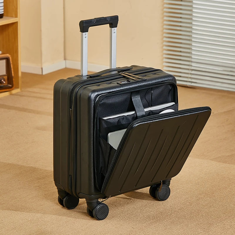 New Designer 18-inch Front Opening Boarding Case Black Aluminum Rod Carry-on Luggage Mini Clearance Price
