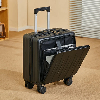 New Designer 18-inch Front Opening Boarding Case Black Aluminum Rod Carry-on Luggage Mini Clearance Price