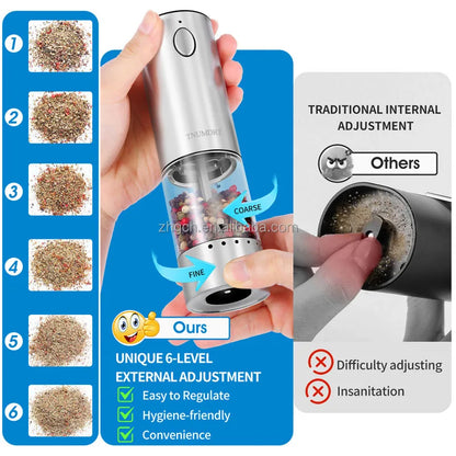LED Light Charging Base Electric Salt and Pepper Mills Adjustable Coarseness with Variable Grinding Speed