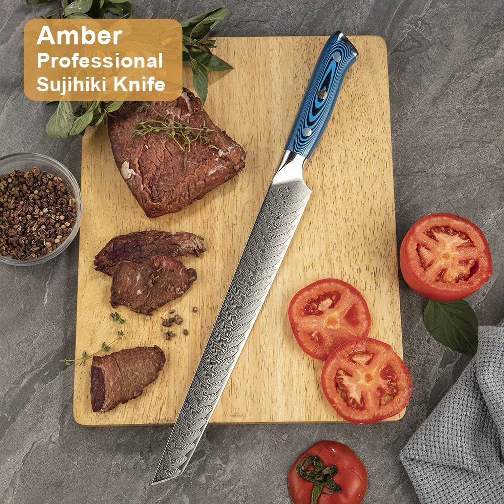 Faca japonesa para filetar peixe, sashimi, sashimi, sushi, cabo em madeira de Pakkawood azul âmbar.