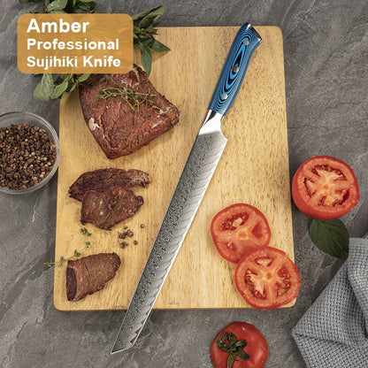 Faca japonesa para filetar peixe, sashimi, sashimi, sushi, cabo em madeira de Pakkawood azul âmbar.