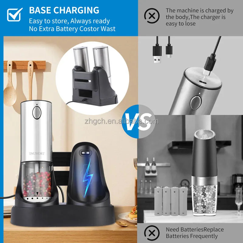 LED Light Charging Base Electric Salt and Pepper Mills Adjustable Coarseness with Variable Grinding Speed