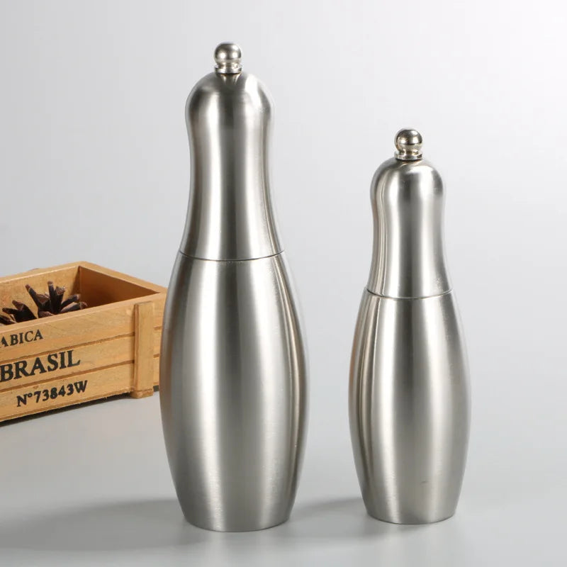 Bowling Stainless Steel Salt and Pepper Grinders refillable Mill Set with Adjustable Coarseness for sea salt