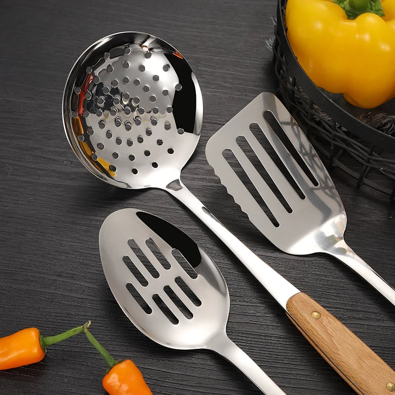7PCS Stainless Steel Utensils Non-slip Heat  Resistant Kitchen Accessories Cooking Tool With Wooden Handle