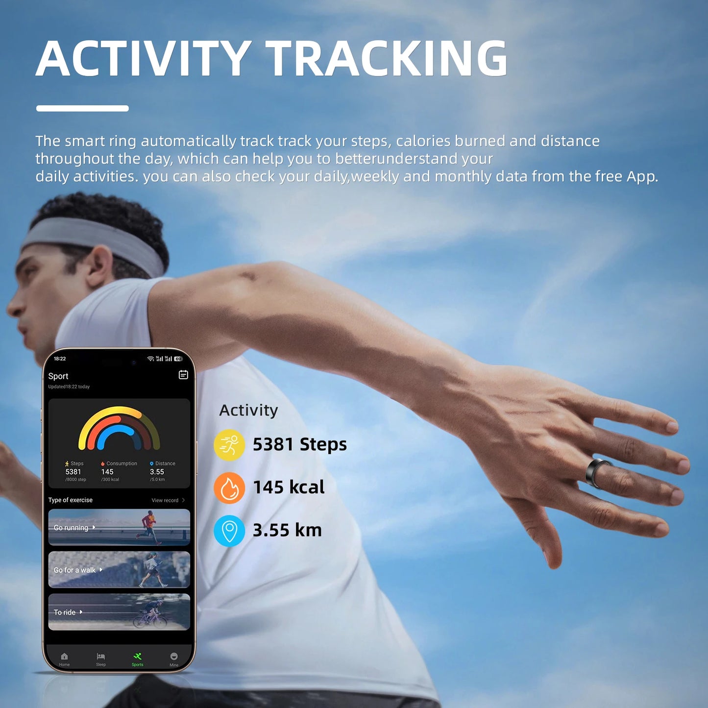 Hyperliving Anel Inteligente Personalizado para a Saúde com Logótipo OEM, Controlado por Aplicação, Resistente à Água 5ATM, Dispositivo Vestível para Galaxy