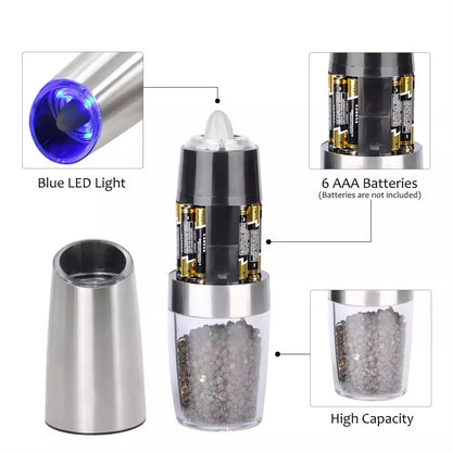 Electric Automatic Salt and Pepper Mill Grinder Set Metal Gravity Pepper Grinder with Blue LED Light