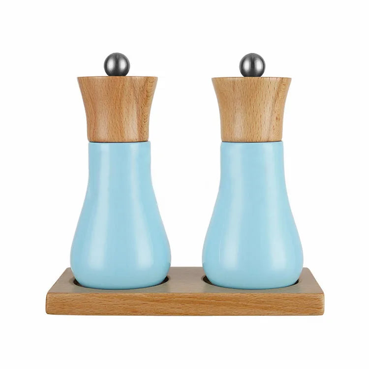 New Product Wood Salt and Pepper Grinders Set Blue Kitchen Spice Mill with Adjustable Coarseness Ceramic Core