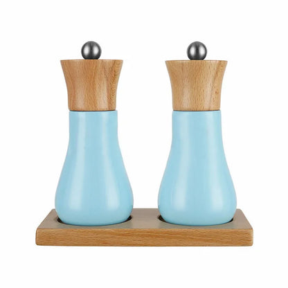 New Product Wood Salt and Pepper Grinders Set Blue Kitchen Spice Mill with Adjustable Coarseness Ceramic Core