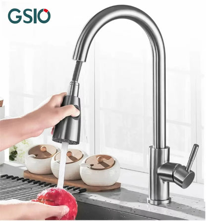 Non-Metallic Pull Down Single Lever Kitchen Mixer Kitchen Sink Faucet Water Filters With 2 Handles, Chrome