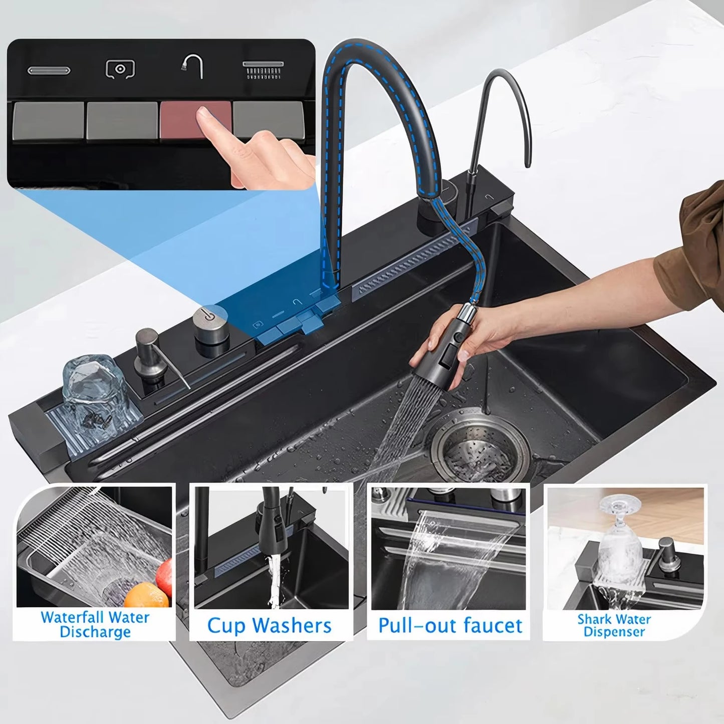 Lava-loiça de cozinha moderna, inteligente e multifuncional de alta qualidade em aço inoxidável 304 com acabamento em cascata, feito à mão e para instalação sob bancada.