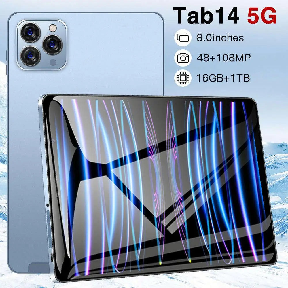 Tablet Tab14 5G de alto desempenho, 8'', 1280x800, 4+64GB, bateria de 6000mAh, câmaras de 2MP + 5MP, 15 horas de reprodução de vídeo, ideal para educação e entretenimento infantil.