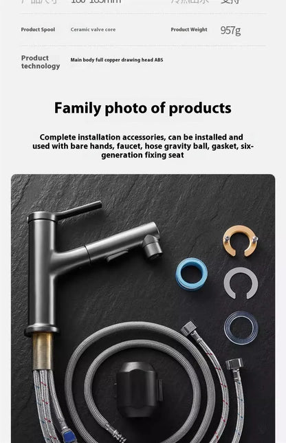Modern All Copper Pull-Out Basin Faucet Hot Cold Single-Handle Design for Household Washbasin Bathroom Cabinet Toilet Wash Basin