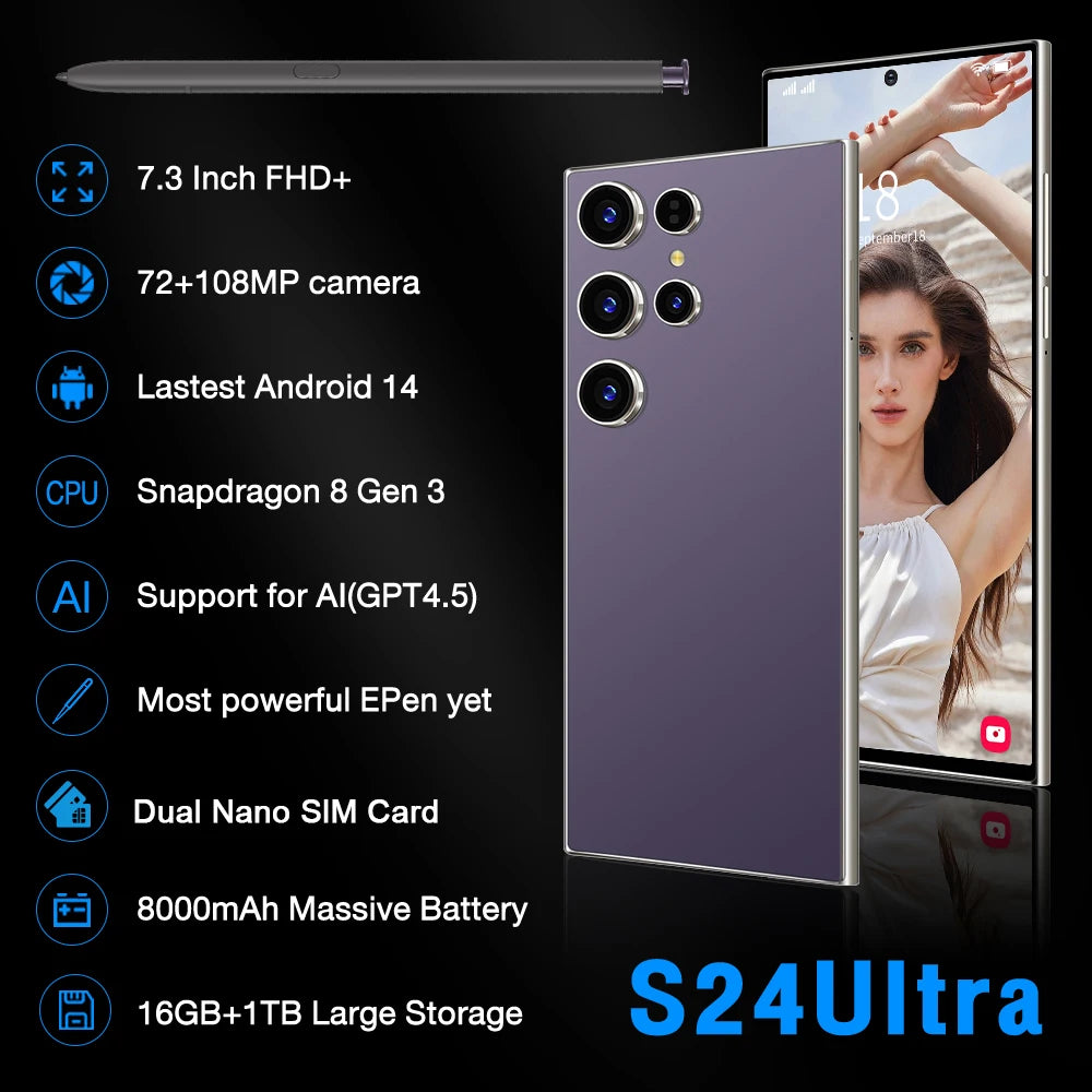 2025 NEW Cellphone Original Unlocked Dual Card 5G Smart Phone HD 5G Cellphone Android 14 S24 Ultra 16GB+1TGB Smartphone