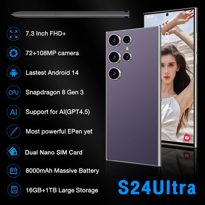 2025 NEW Cellphone Original Unlocked Dual Card 5G Smart Phone HD 5G Cellphone Android 14 S24 Ultra 16GB+1TGB Smartphone