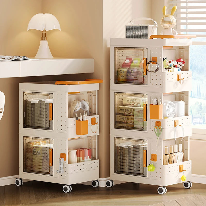 Household Plastic Folding Box Book Toy Storage Cart Bathroom Cleaning Supplies Sortable Movable Rotating Rack Rectangle