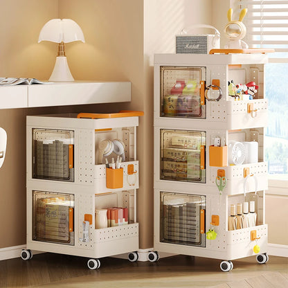 Household Plastic Folding Box Book Toy Storage Cart Bathroom Cleaning Supplies Sortable Movable Rotating Rack Rectangle