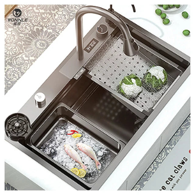 Newly Designed Stainless Steel Digital Display Waterfall Faucet Single Bowl One-Hole Multifunctional Kitchen Features Black