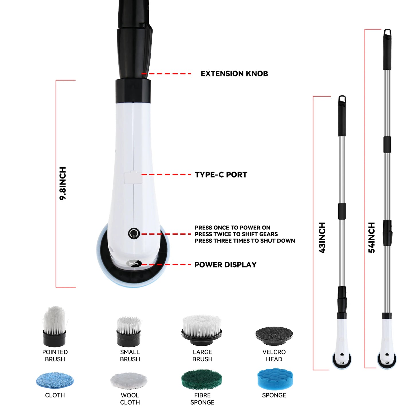 7 in 1 Electric Cleaning Turbo Scrub Brush Multifunctional Long Handle Cordless Spin Scrubber Cleaning Brush Bathroom
