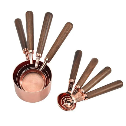 Fast Ship Rose Gold Stainless Steel Walnut Wood Handle Measuring Cups and Spoons Set for Dry and Liquid