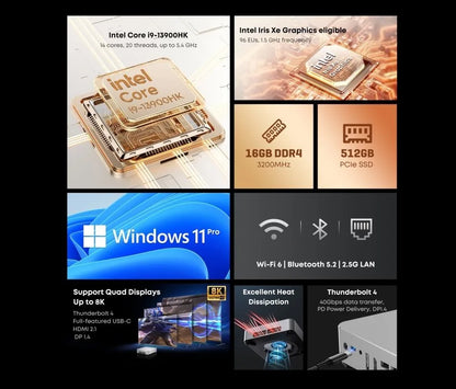 Mini PC empresarial Chuwi AUBOX I9-13900HK Intel Core de 13ª geração com 14 núcleos, 16 GB de RAM DDR5 e SSD PCIe de 512 GB. Ideal para estudantes e profissionais.