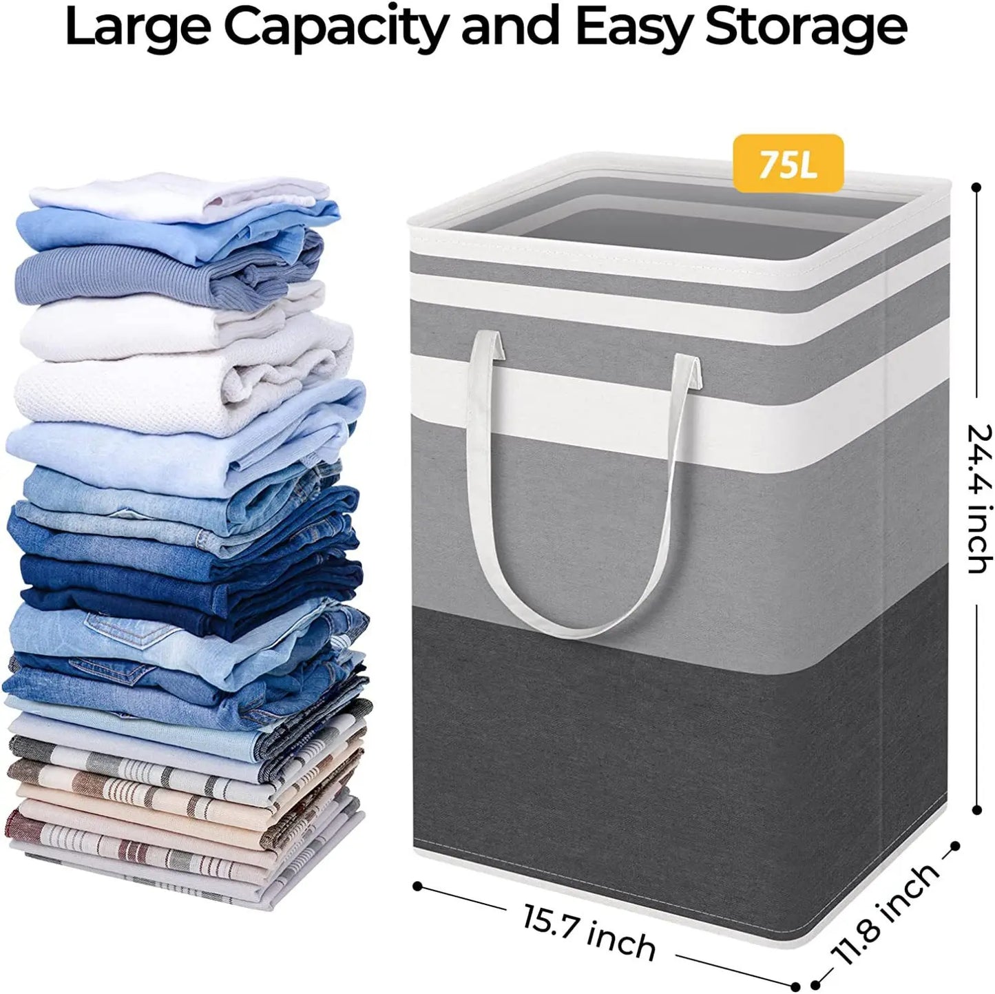 Folding Fabric Laundry Storage Basket Linen Cloth Quilt Movin Toy Dorm Family Hamper ExtendedHandle Striped Dirty Clothes Hamper