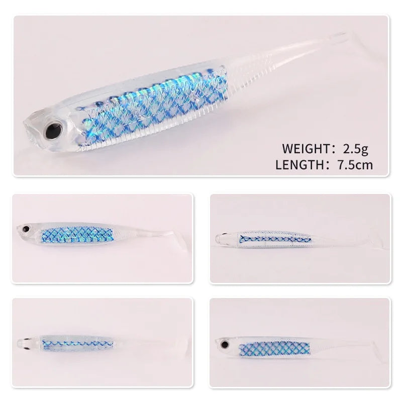 New 7.5cm/2.5g Rainbow Fish T-Tail Lure Simulation Hollow Belly Reflective Soft Bait Made of Silicone for Carp Fishing